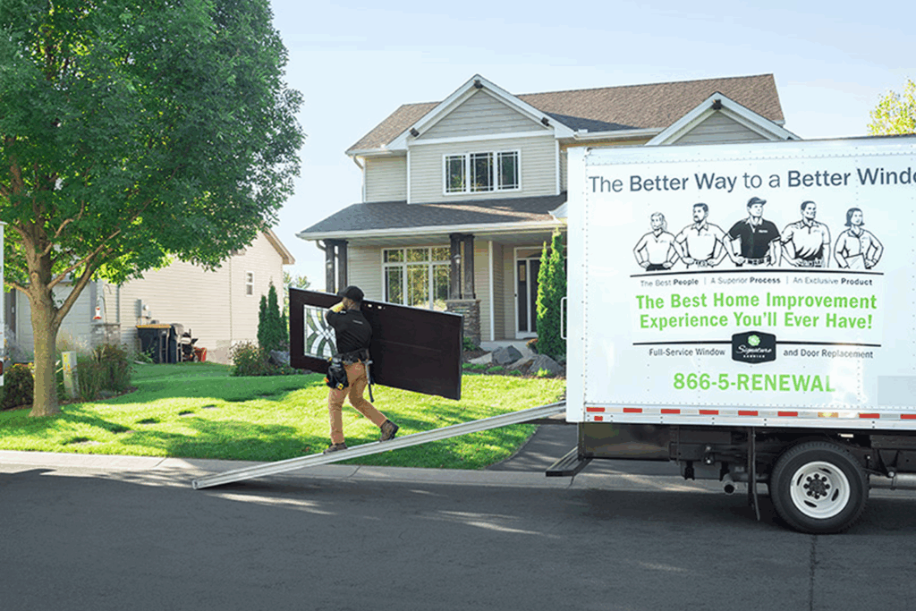 A Renewal by Andersen service truck parked in front of a two-story residential house while installation technicians handle replacement doors and windows.