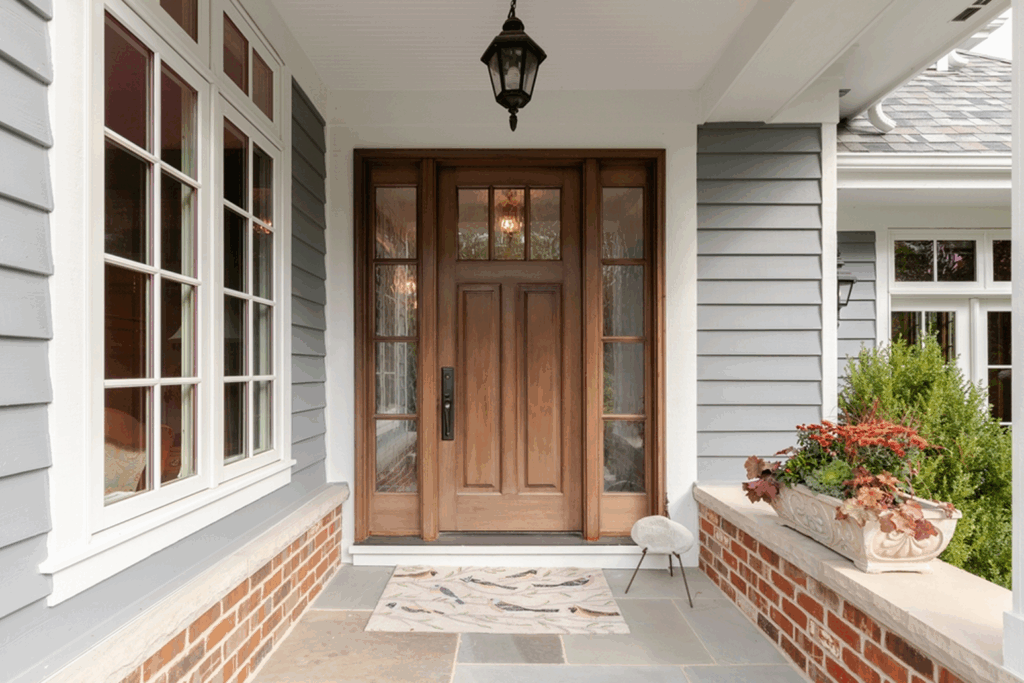 Close-up view of a custom entry door frame on a residential porch featuring overhead decorative lighting and finished composite architectural trim.