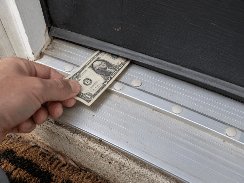 Testing a door threshold seal by pulling a dollar bill from under the door