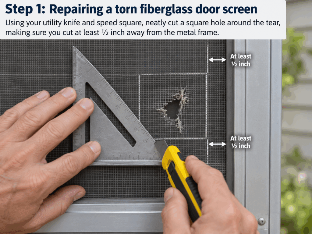 Repairing a torn fiberglass door screen, Step 1