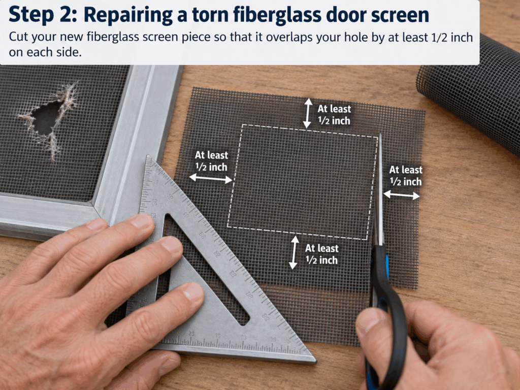 Repairing a torn fiberglass door screen Step 2