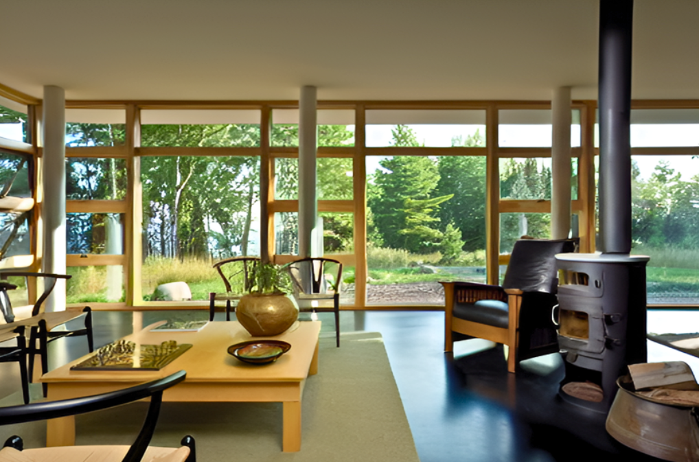 floor to ceiling windows with wooden beams