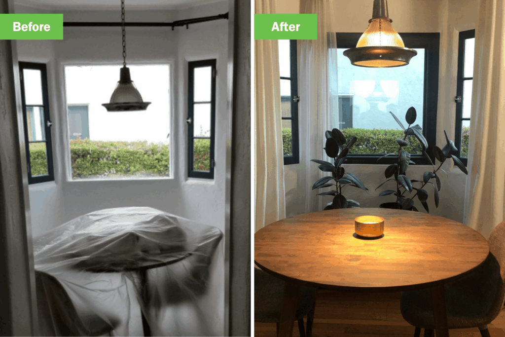 Side-by-side comparison showing a dining nook before window replacement during construction and after completion with fully installed windows, warm lighting, curtains, and dining furniture.