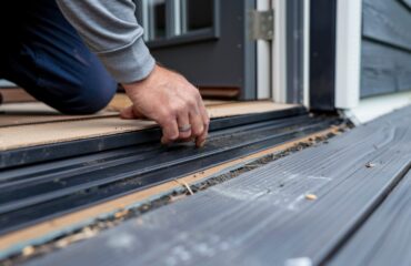 Close-up of a worker installing weather stripping on a door threshold.