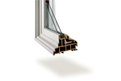 Comparison chart rating Fibrex composite material versus traditional wood across insulating, durability, and maintenance features