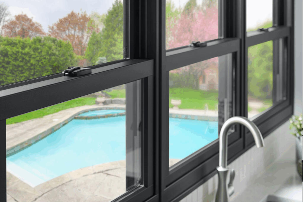 Dark composite window frame looking out onto a backyard patio and swimming pool