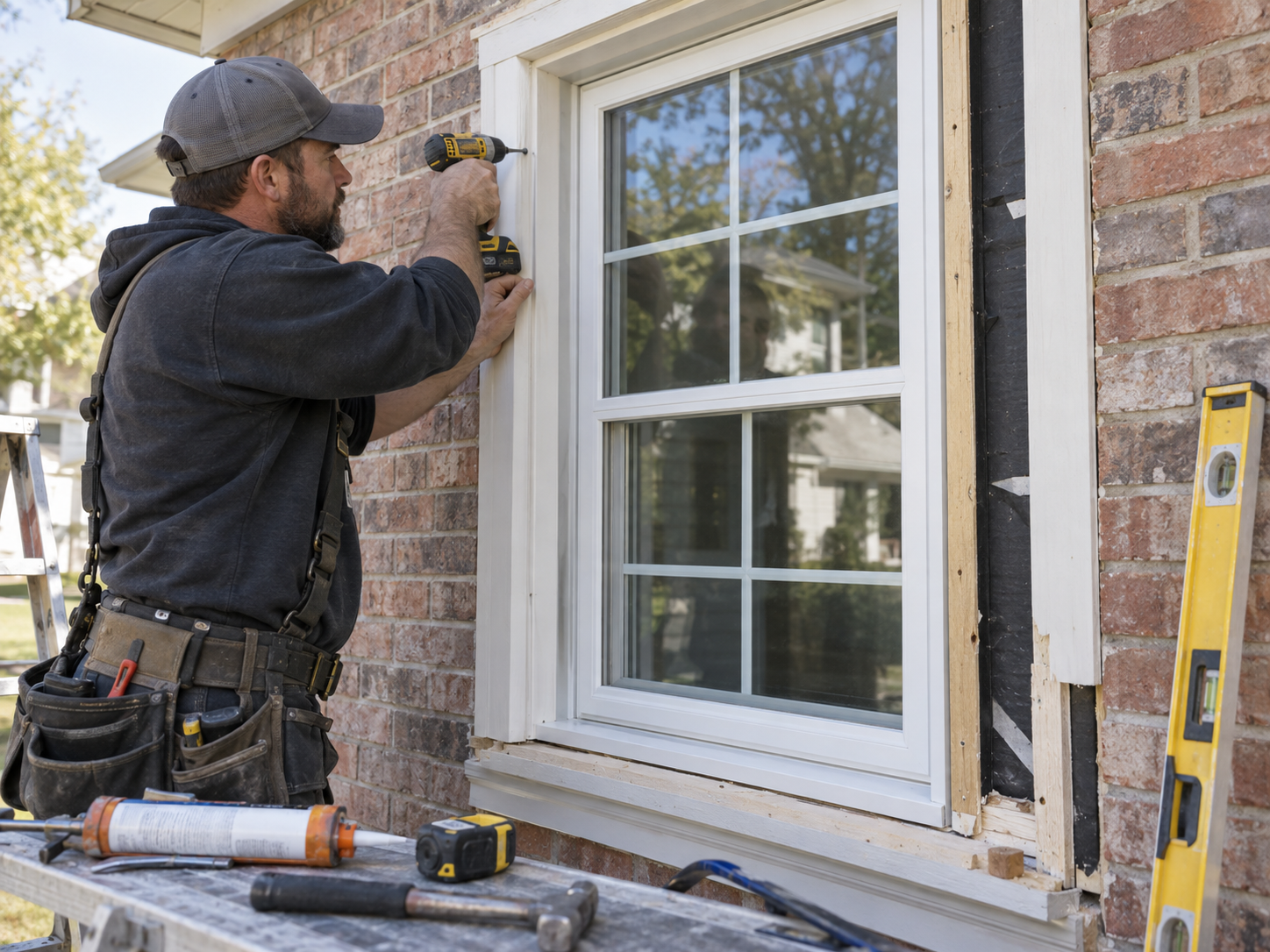 Installer securing a new window into an exterior frame during a full frame replacement